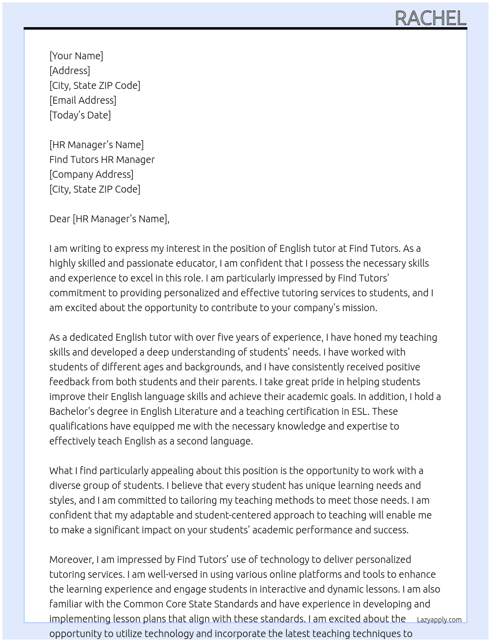 English tutor At Find Tutors HR manager  Cover Letter