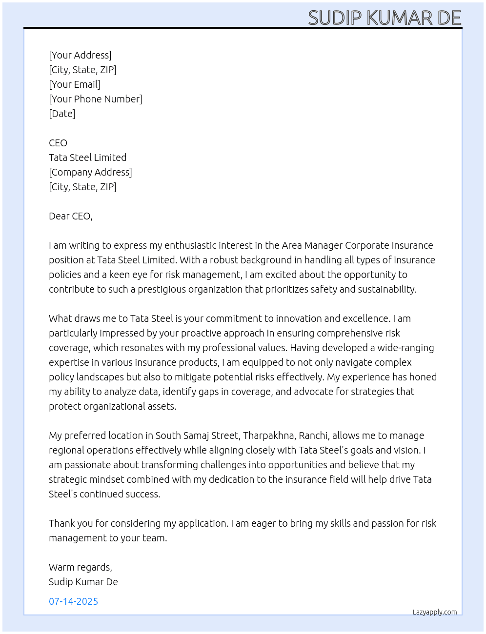 Cover letter for area manager corporate insurance - LazyApply