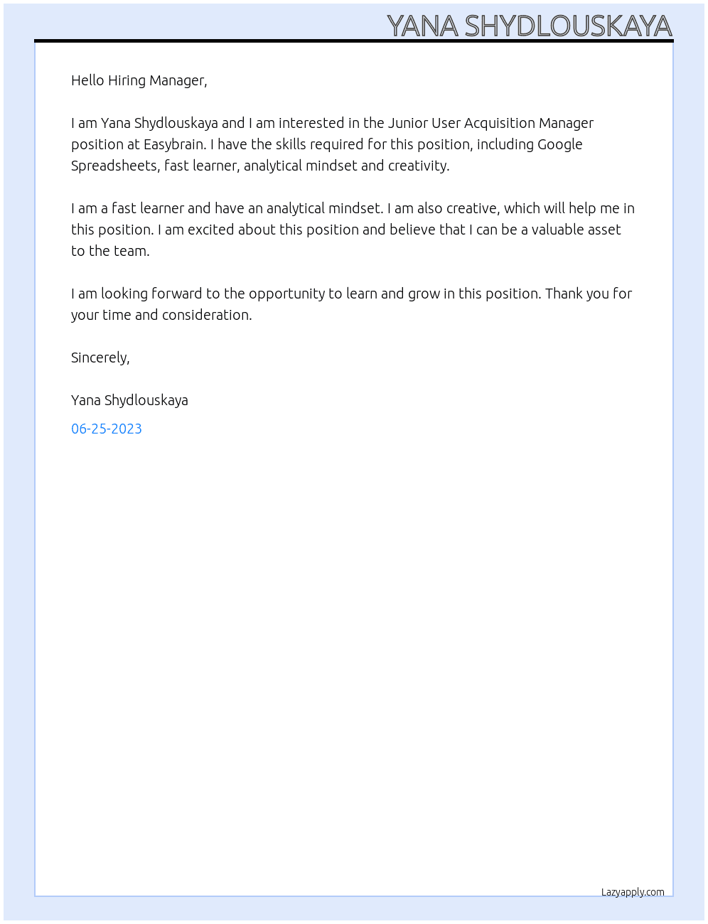 Junior User Acquisition Manager At Easybrain logo Cover Letter