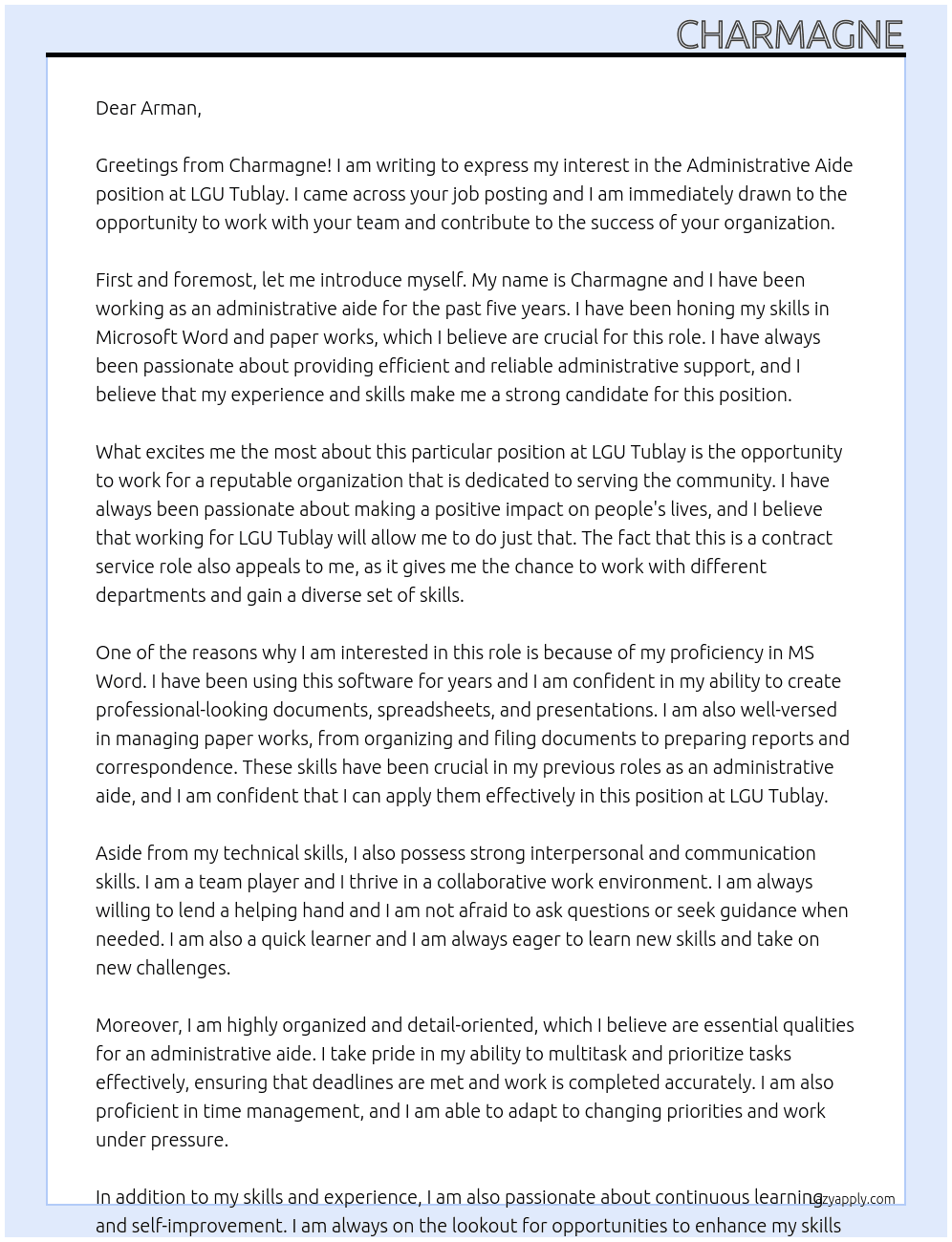 administrative aide  At lgu tublay Cover Letter
