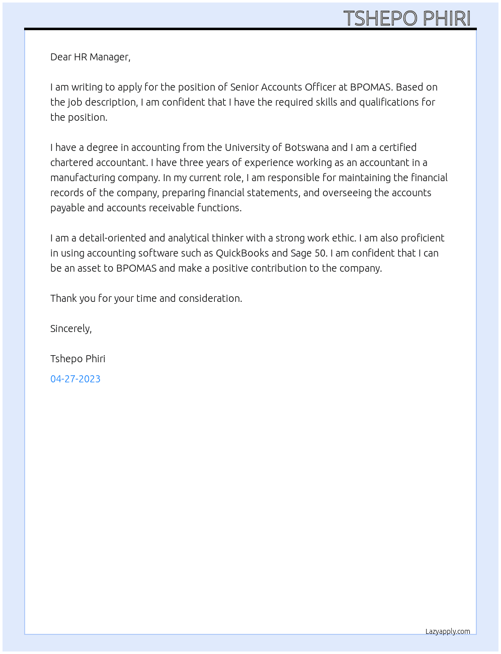 Senior Accounts Officer  At BPOMAS Cover Letter