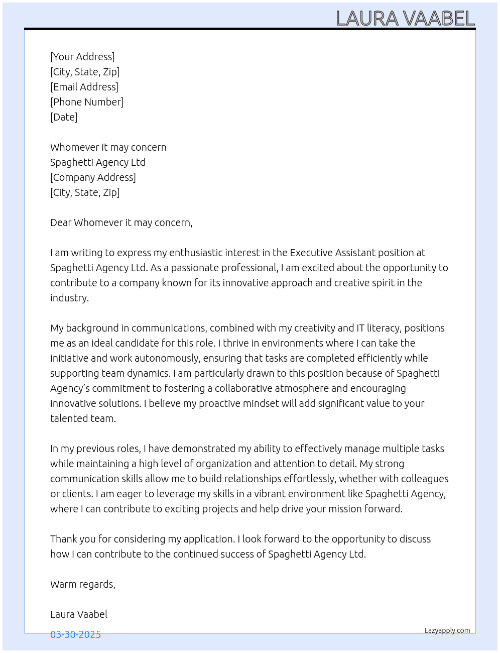 Executive Assistant At Spaghetti Agency Ltd Cover Letter