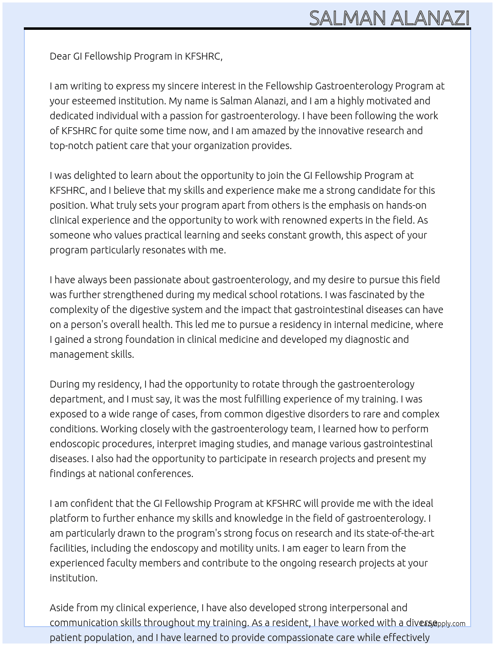 fellowship gastroenterology program At GI Fellowship Program in KFSHRC Cover Letter