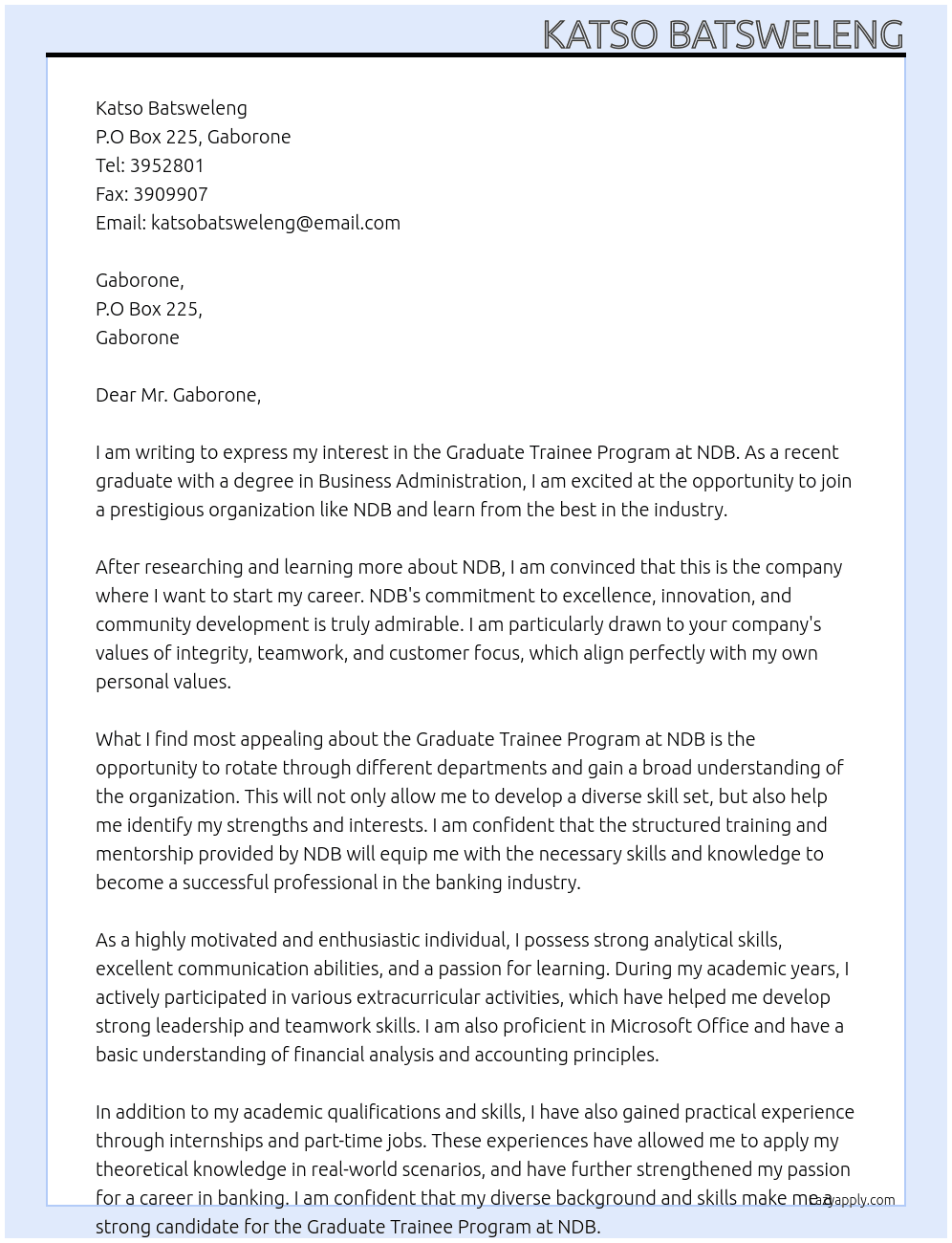 Graduate Trainee Program At NDB Cover Letter