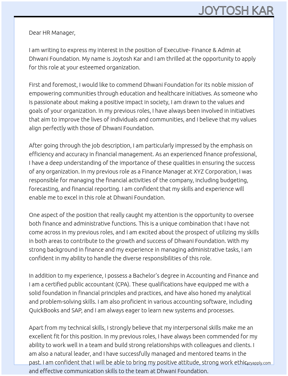 Cover letter for executive- finance & admin - LazyApply