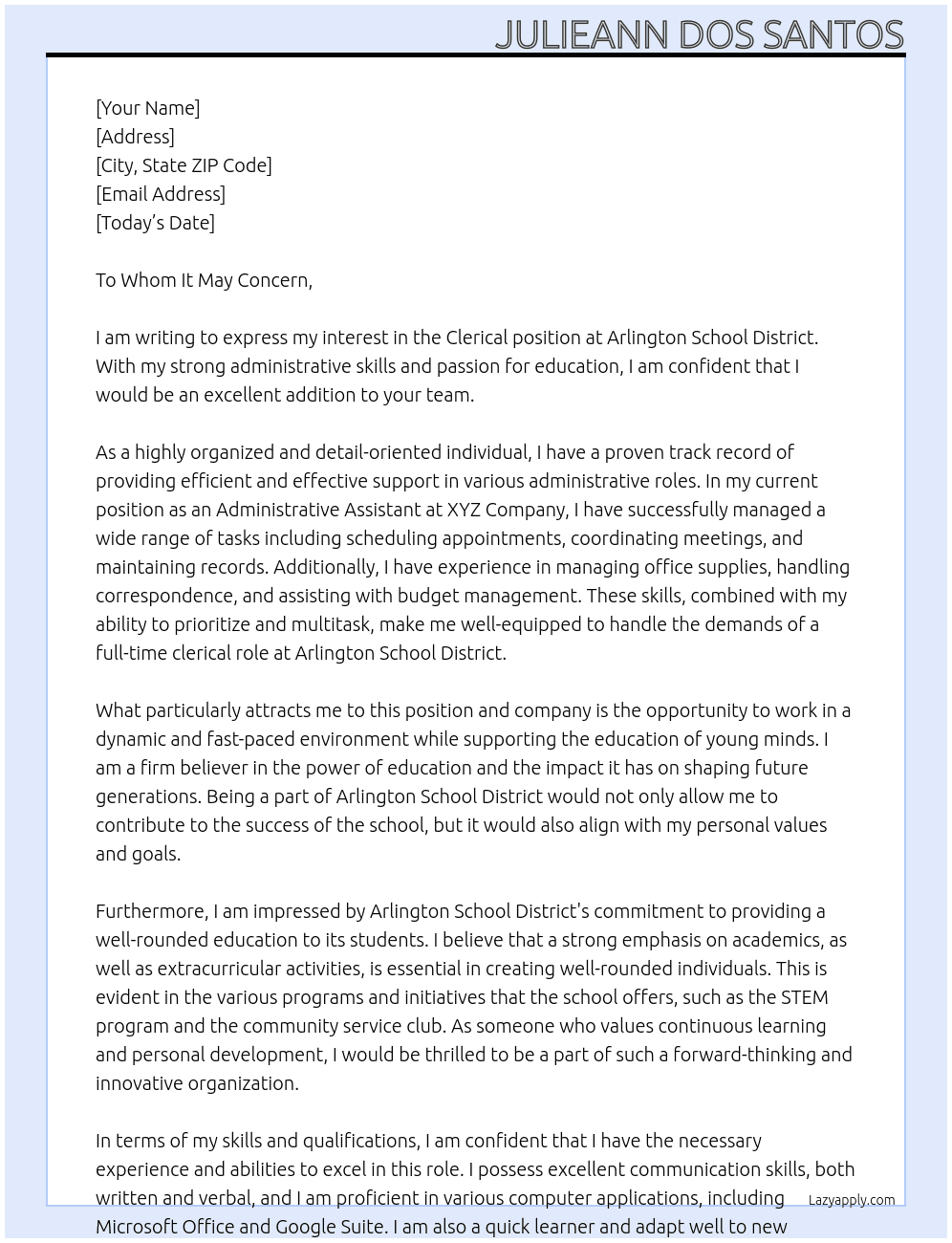 Clerical for school At Arlington School District Cover Letter