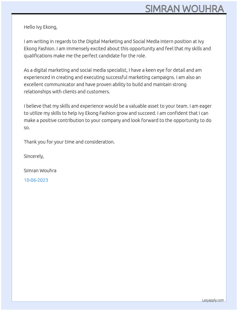 Digital Marketing and Social Media Intern  At Ivy Ekong Fashion  Cover Letter