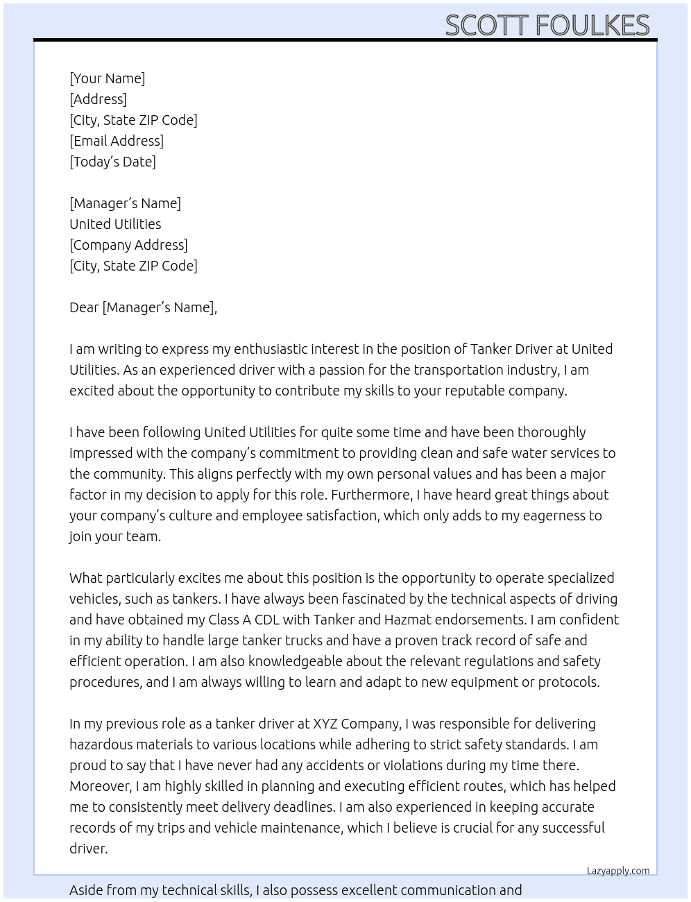 Tanker driver  At United utilities Cover Letter