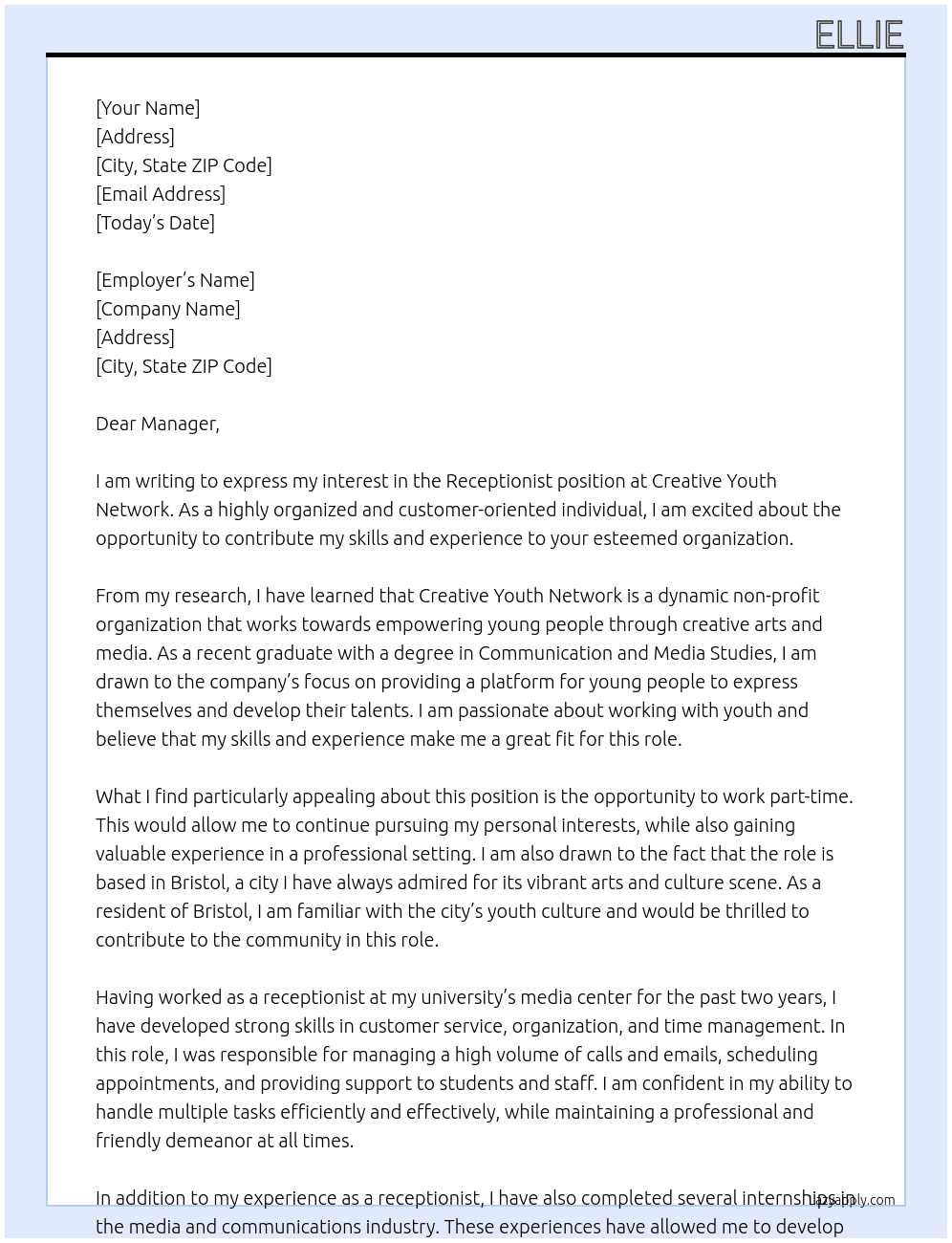 Receptionist At Creative Youth Network Cover Letter