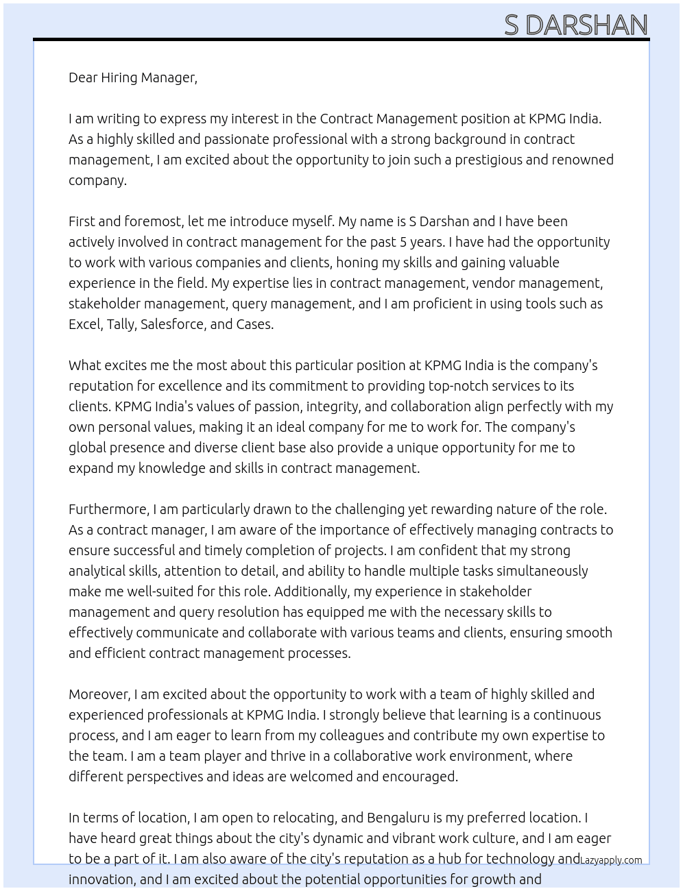 Contract Management At KPMG India Cover Letter