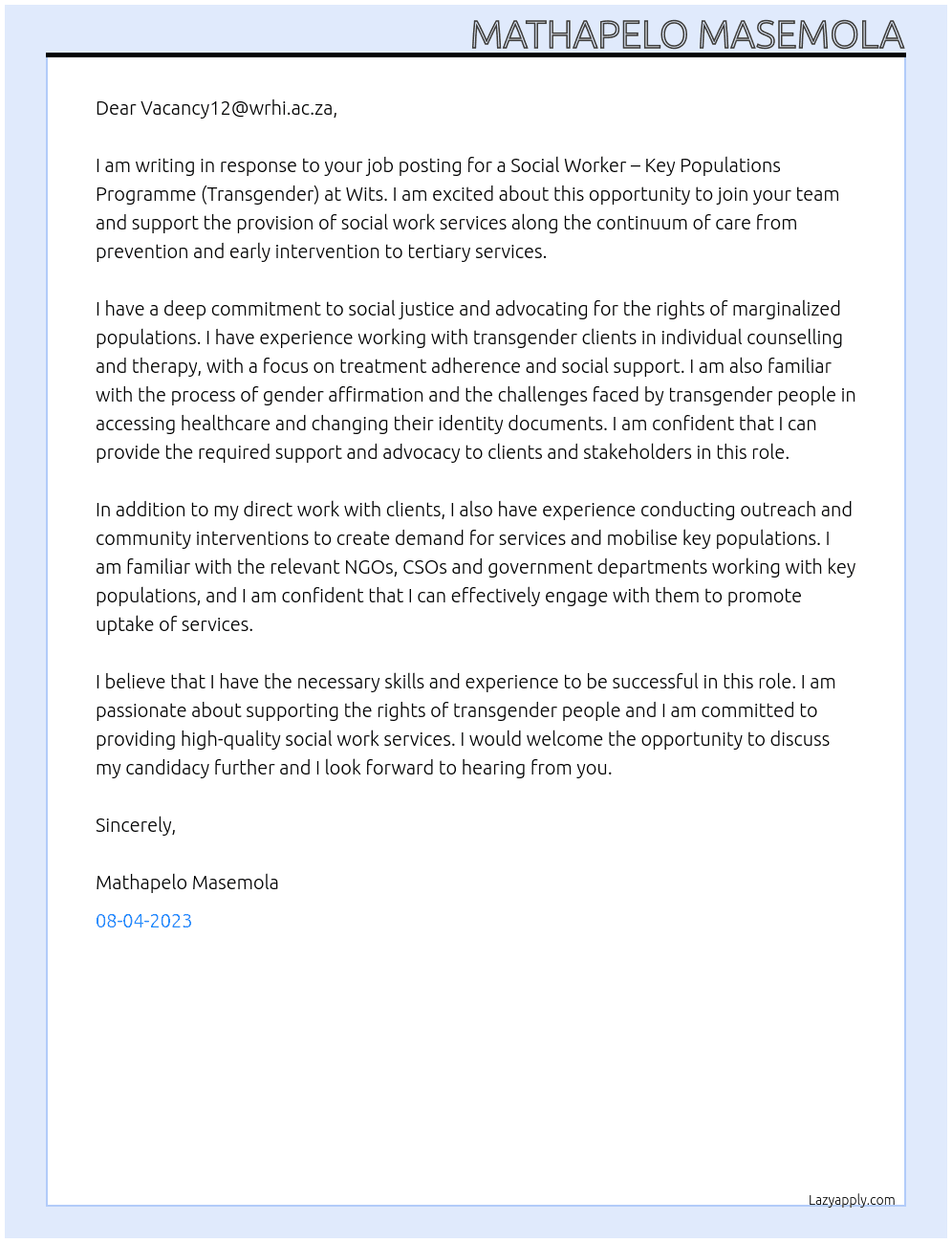 Social worker  At Wits  Cover Letter