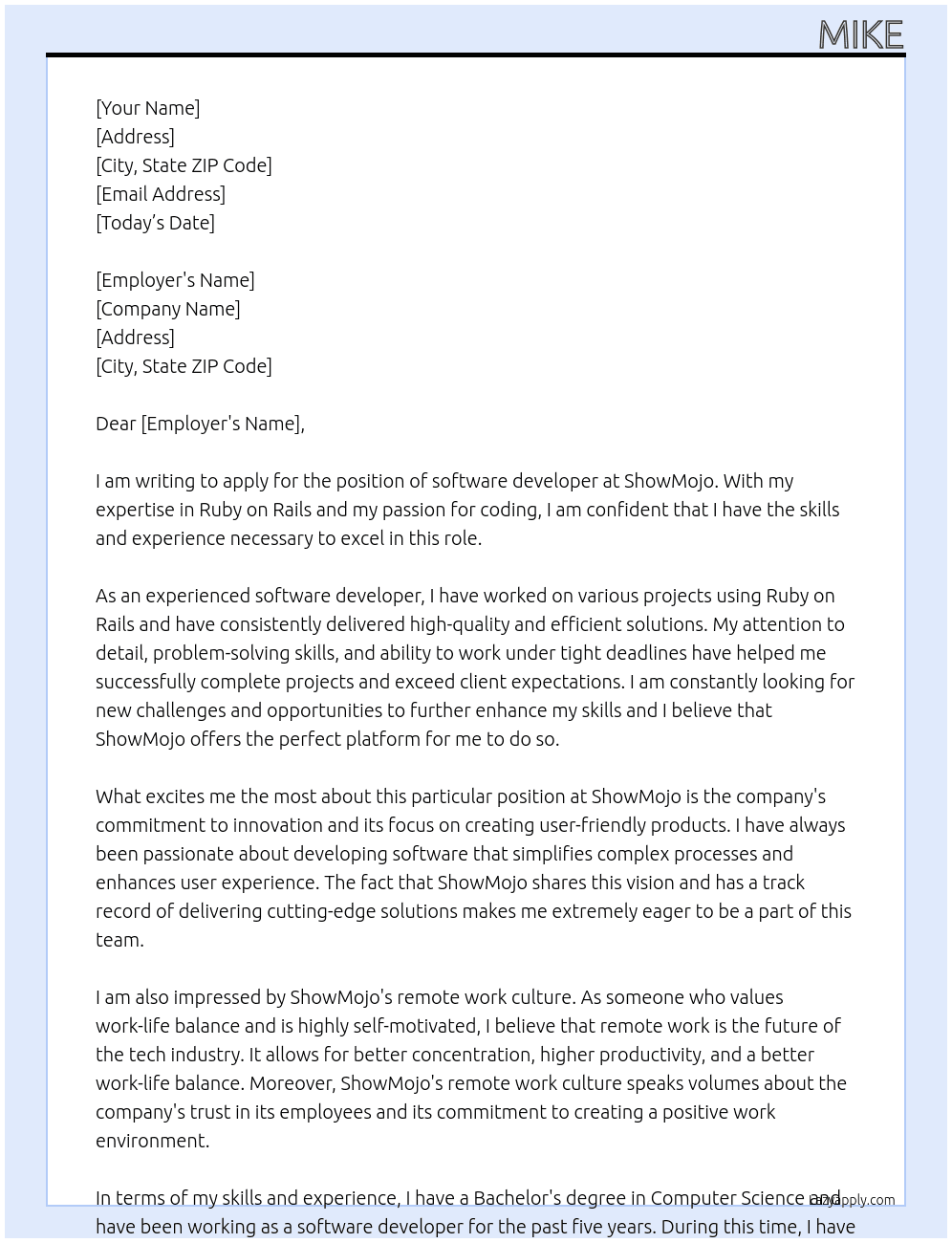 software developer At showmojo Cover Letter