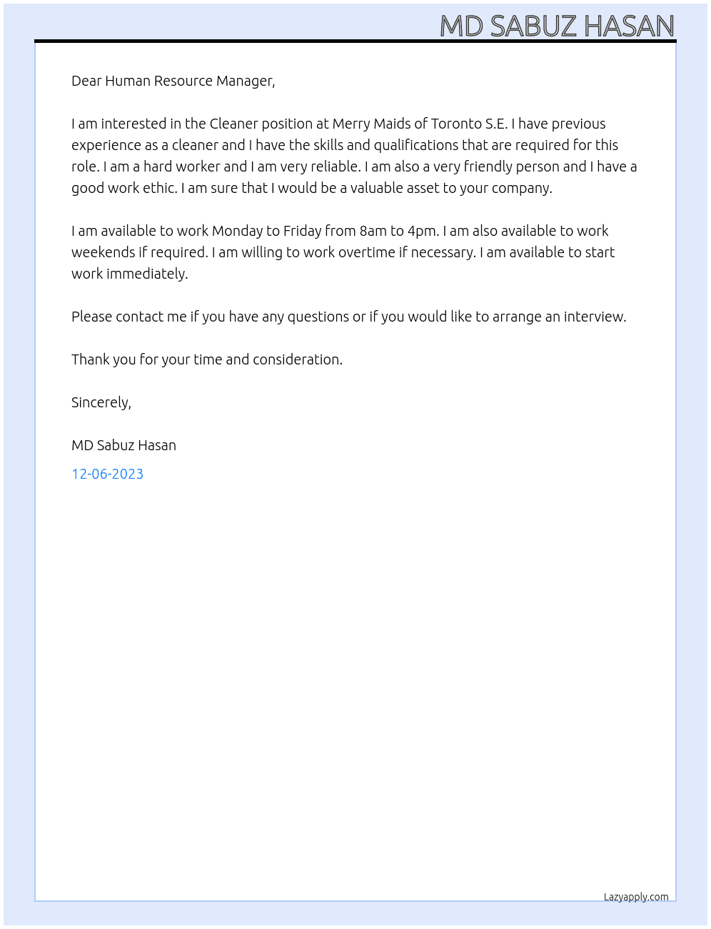 Cleaner At Merry Maids of Toronto S.E.  Cover Letter
