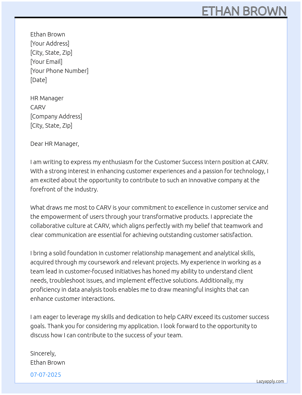 Customer Success Intern At CARV Cover Letter