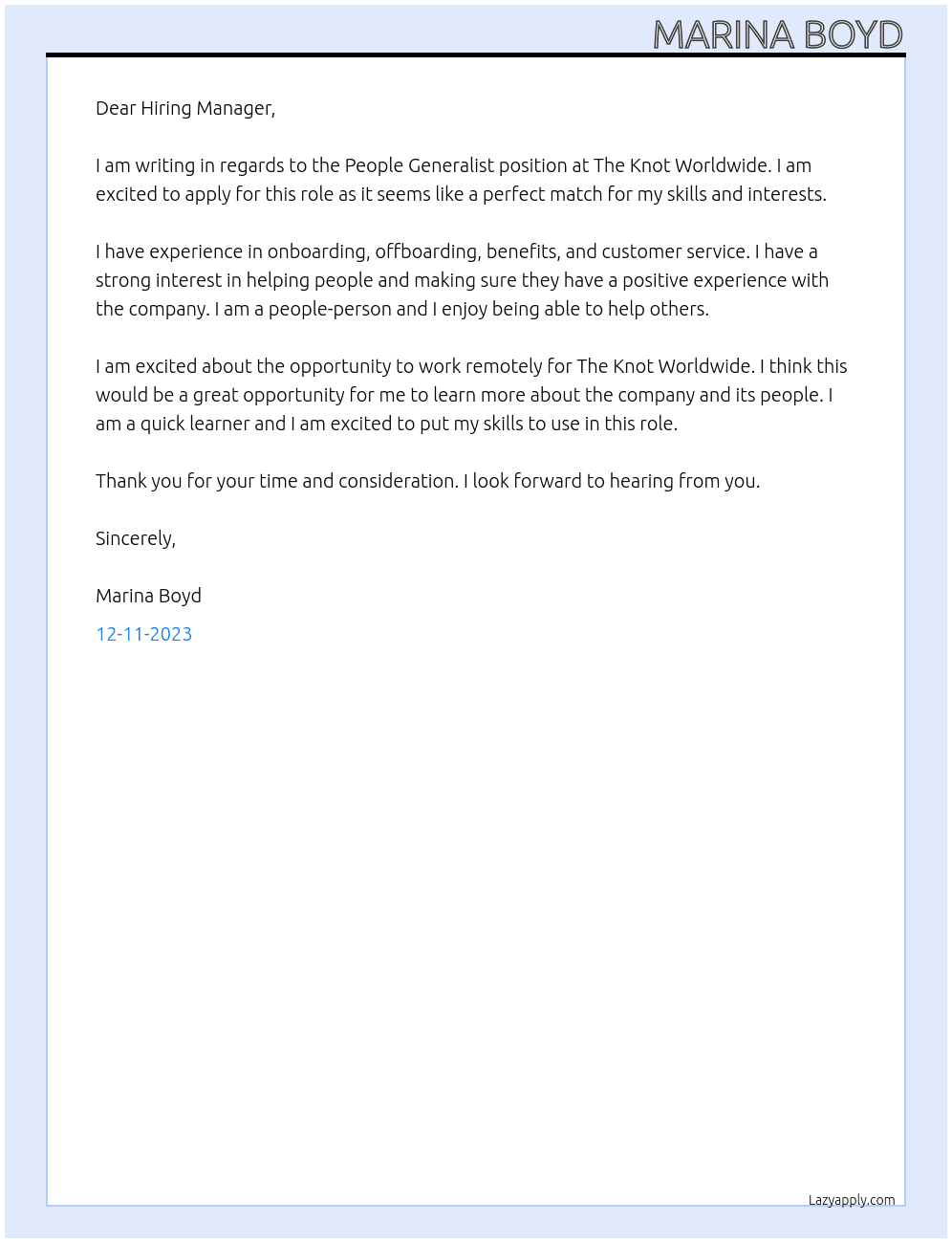 People Generalist At The Knot Worldwide Cover Letter