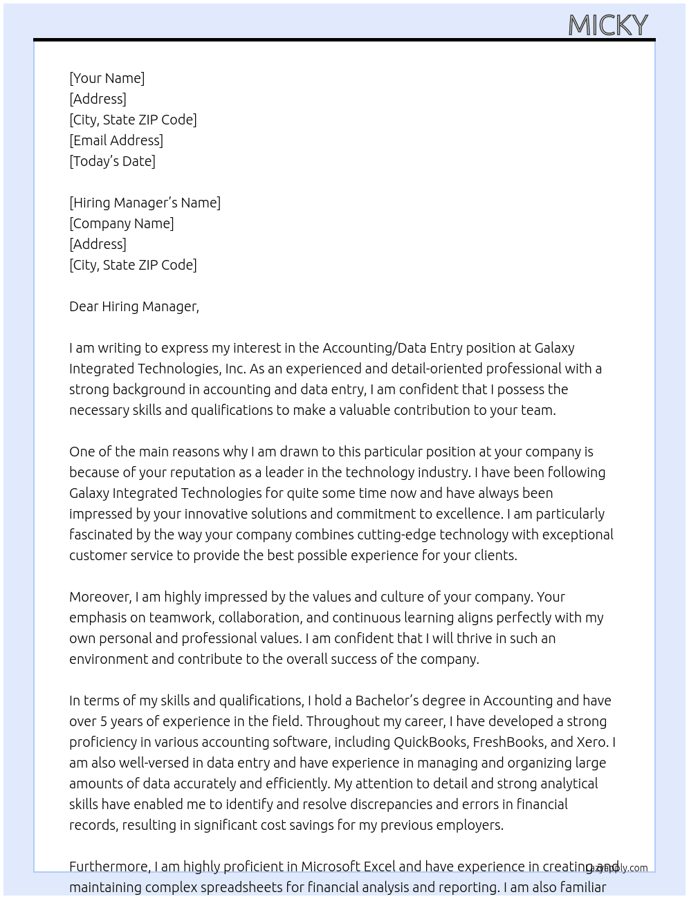 Accounting/Data Entry At Galaxy Integrated Technologies, Inc Cover Letter