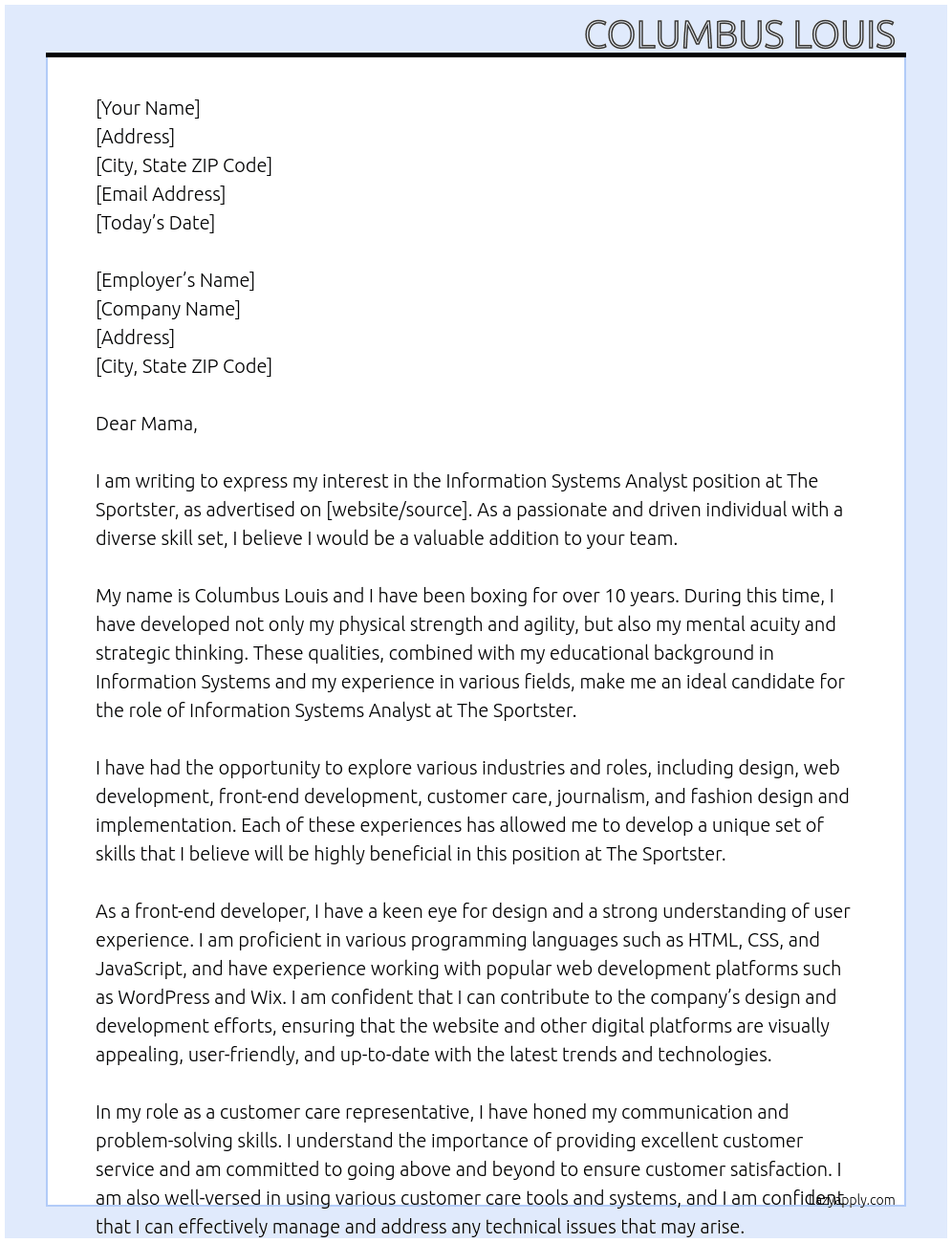 Information systems analyst  At The sportster Cover Letter