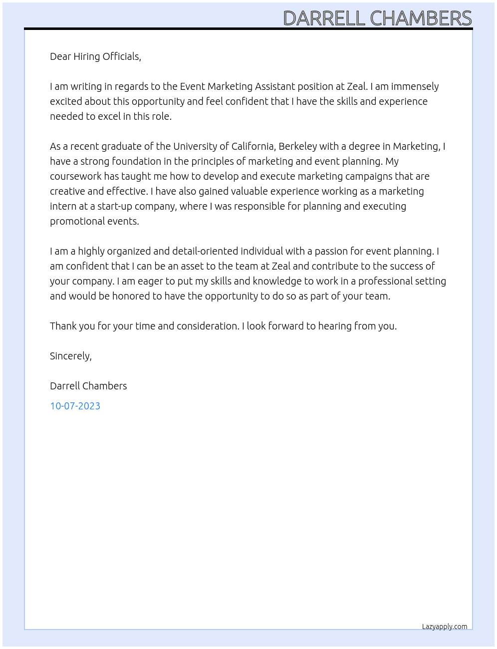 Event Marketing Assistant  At Zeal Cover Letter