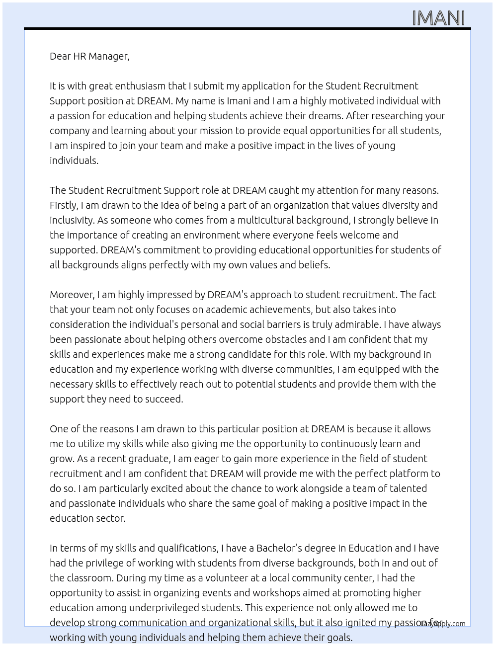 Student Recruitment Support At DREAM Cover Letter