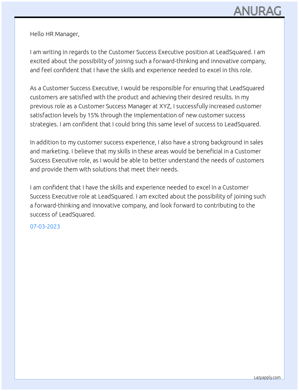 Customer Success Executive   At LeadSquared Cover Letter