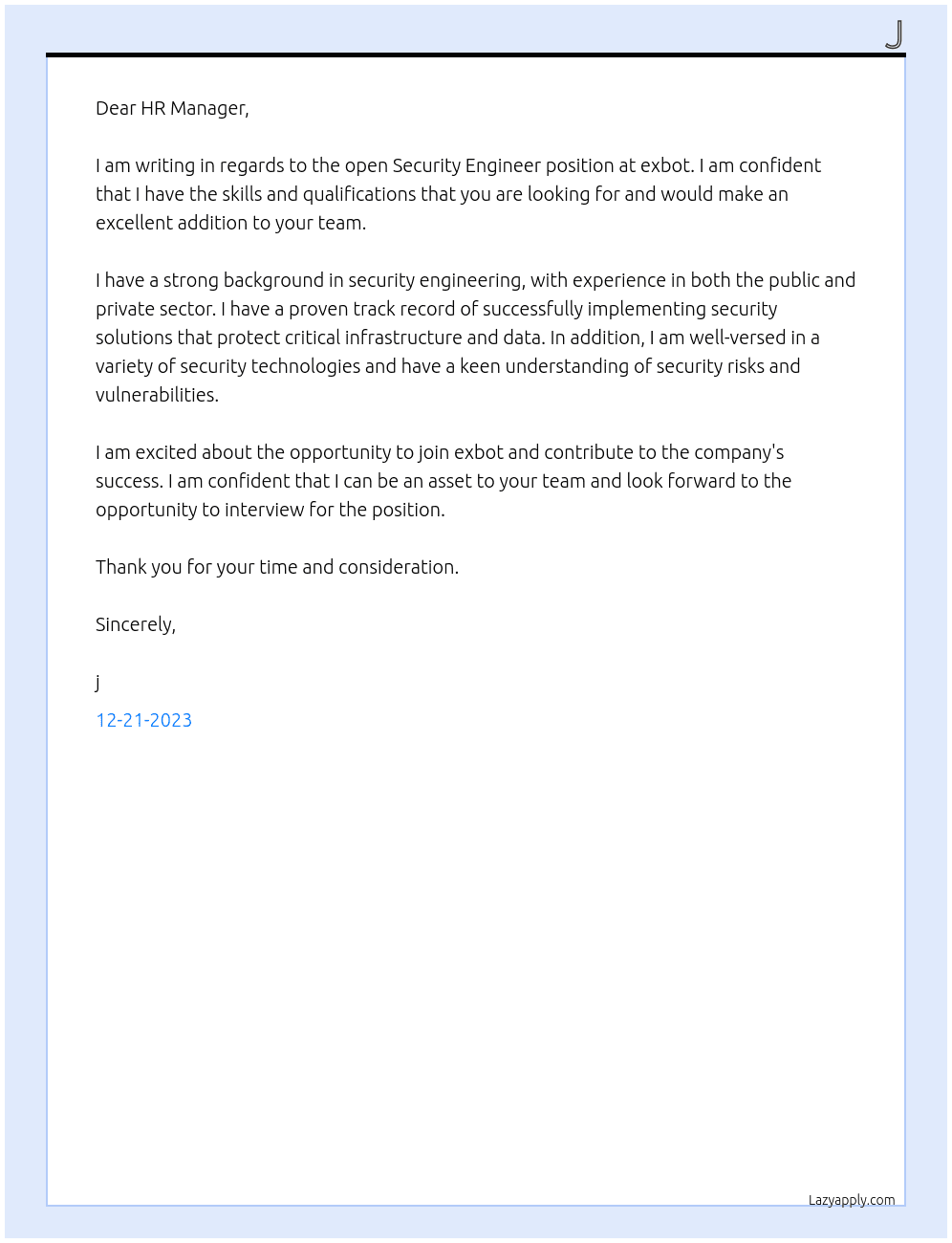  Security Engineer At exbot Cover Letter