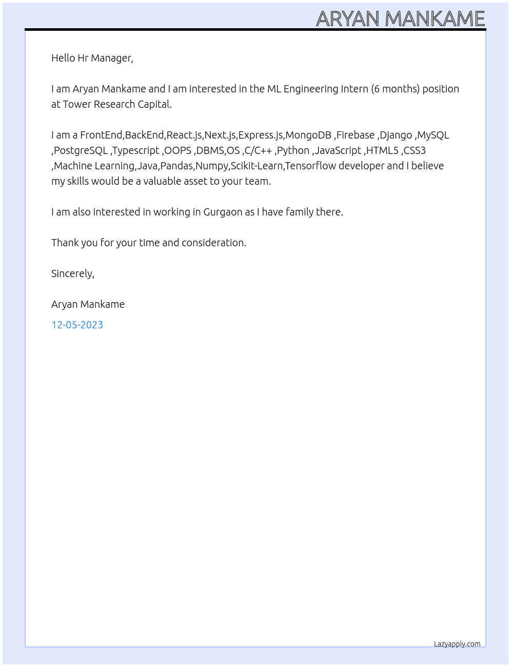 ML Engineering Intern (6 months) At Tower Research Capital Cover Letter