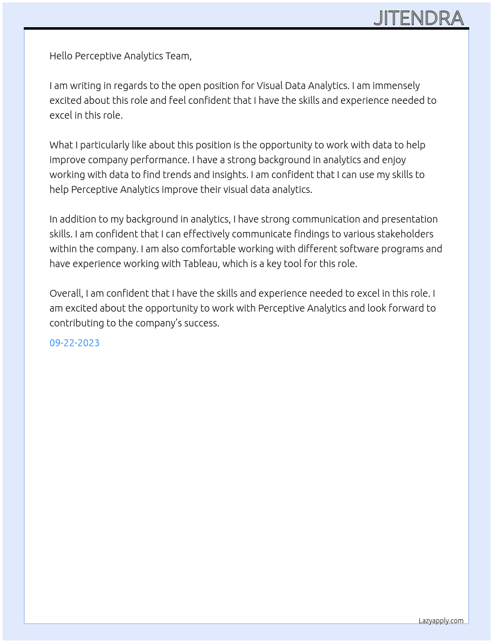 Visual Data Analytics  At Perceptive Analytics  Cover Letter