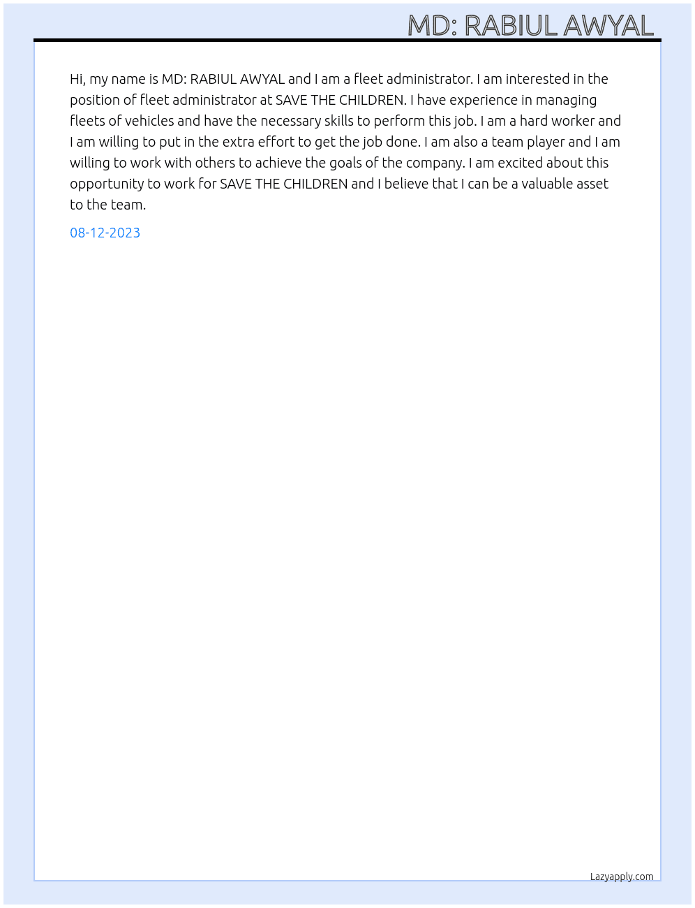 Fleet administrator  At SAVE THE CHILDREN  Cover Letter