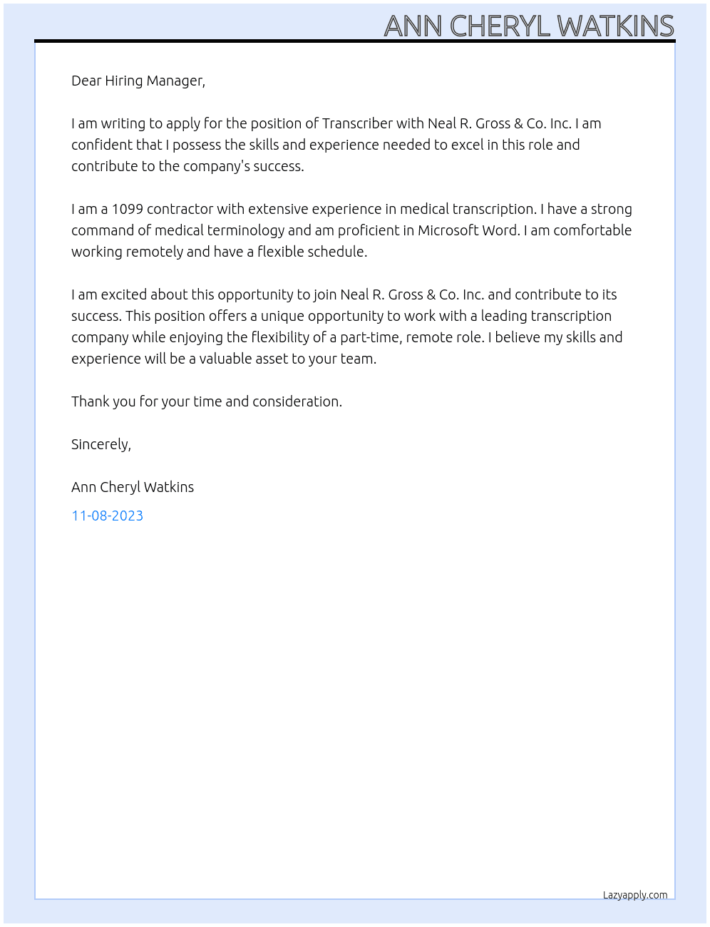 Transcriber At Neal R. Gross & Co. Inc Cover Letter