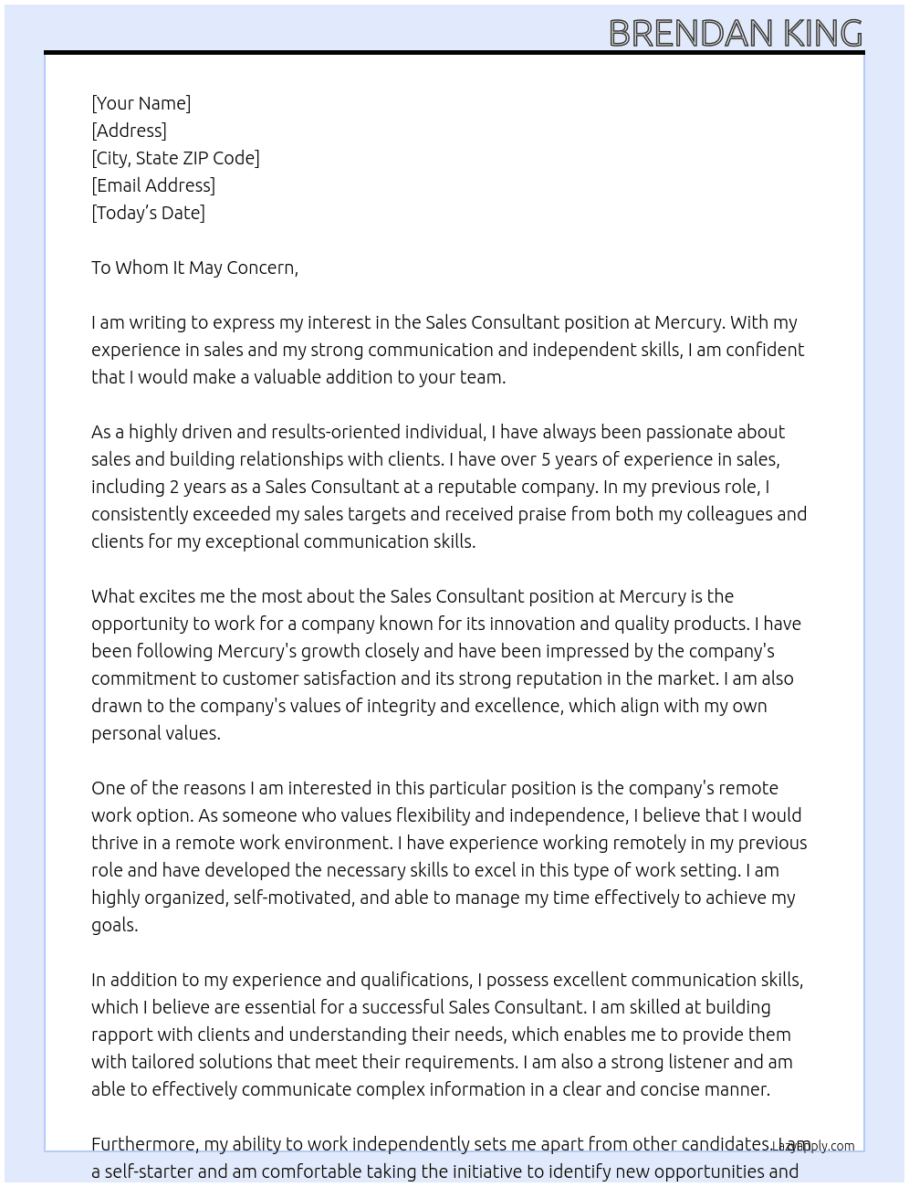 Sales consultant At Mercury Cover Letter