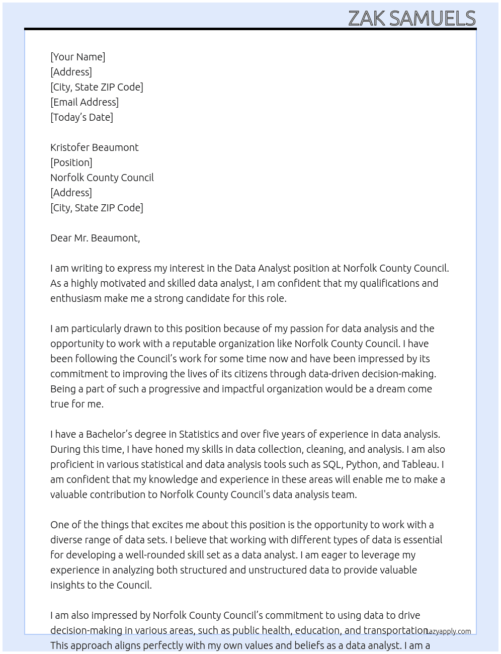 Data Analyst At Norfolk County Council Cover Letter