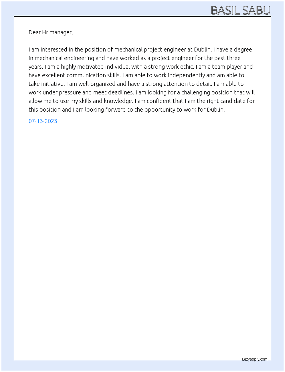 Mechanical project engineer At Dublin Cover Letter