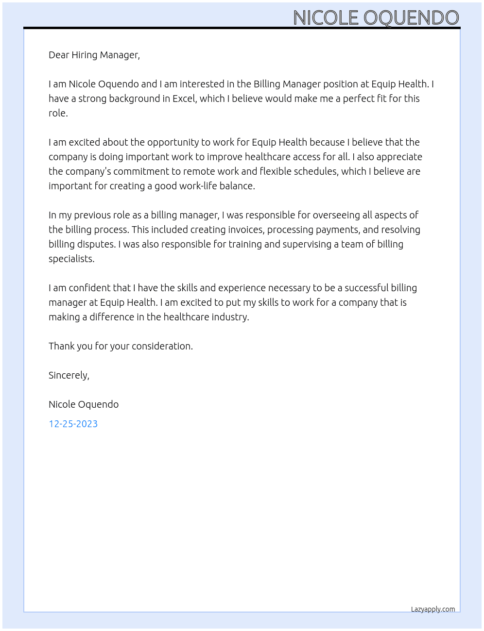 Billing Manager At Equip Health Cover Letter
