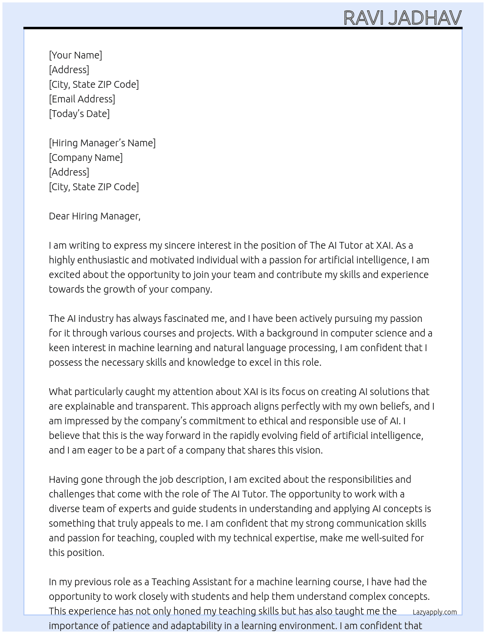 Cover letter for the ai tutor - LazyApply