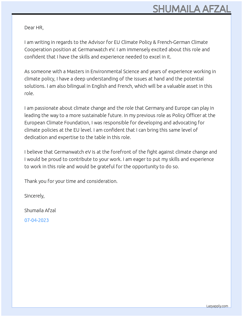 Advisor for EU Climate Policy & French-German Climate Cooperation At Germanwatch eV, Cover Letter