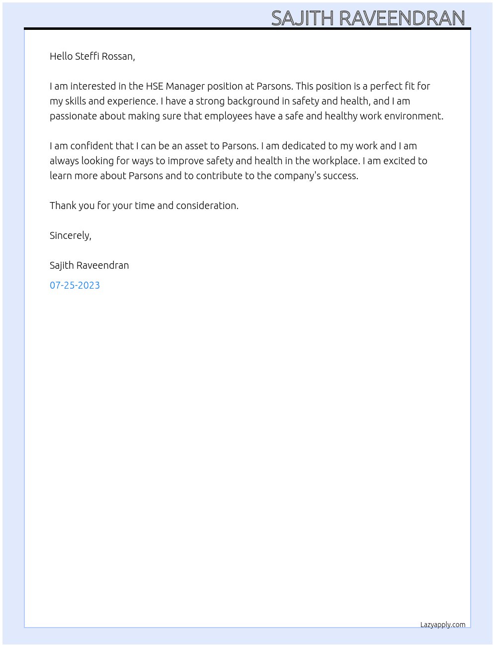 HSE Manager  At Parsons  Cover Letter