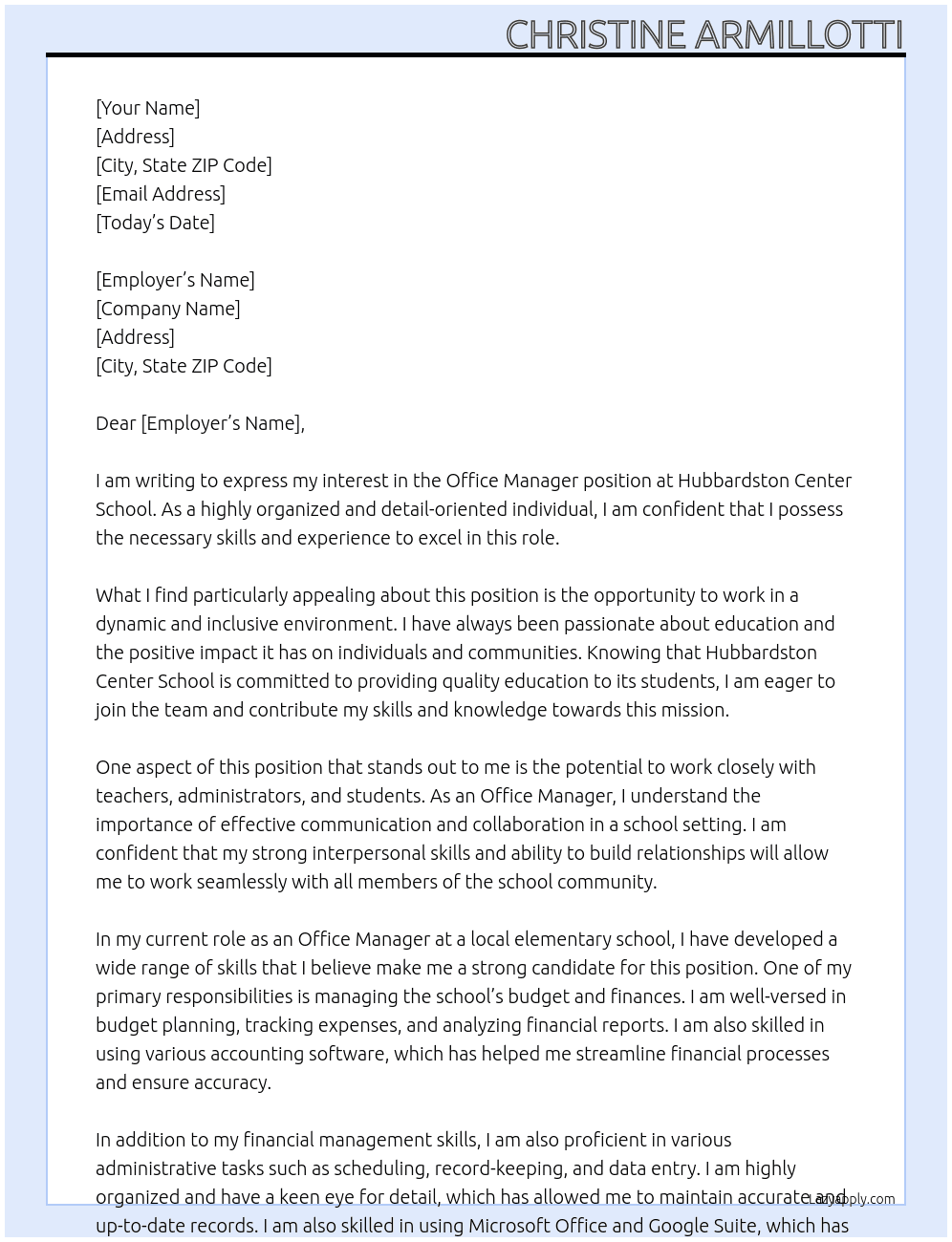 Office Manager At hubbardston center school Cover Letter