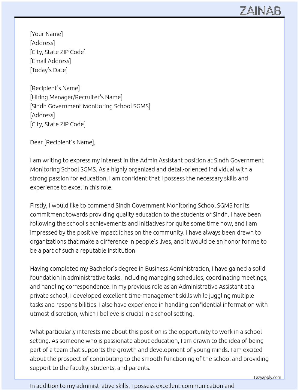 Admin Assistant  At Sindh Government Monitoring School SGMS Cover Letter