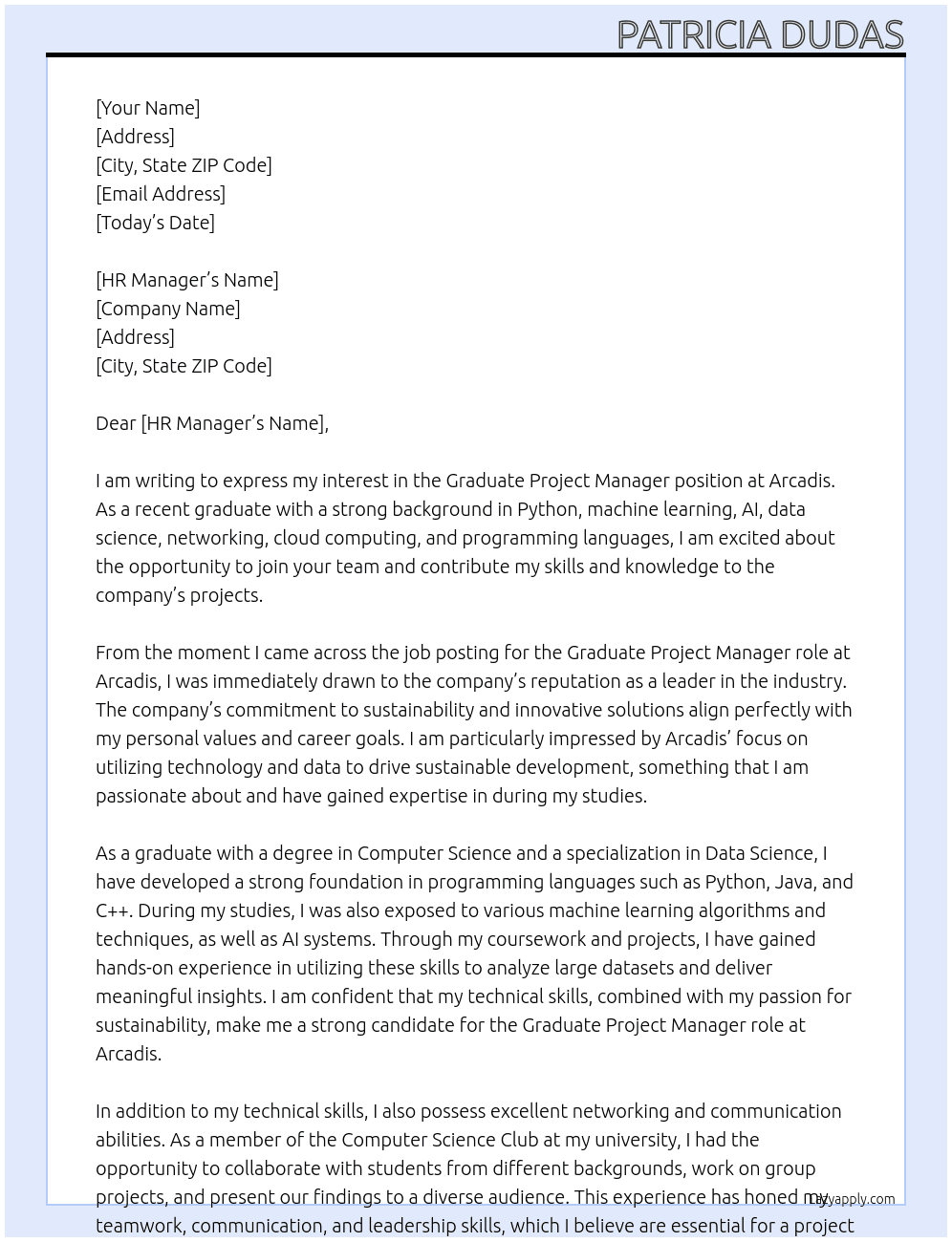graduate project manager At Arcadis Cover Letter