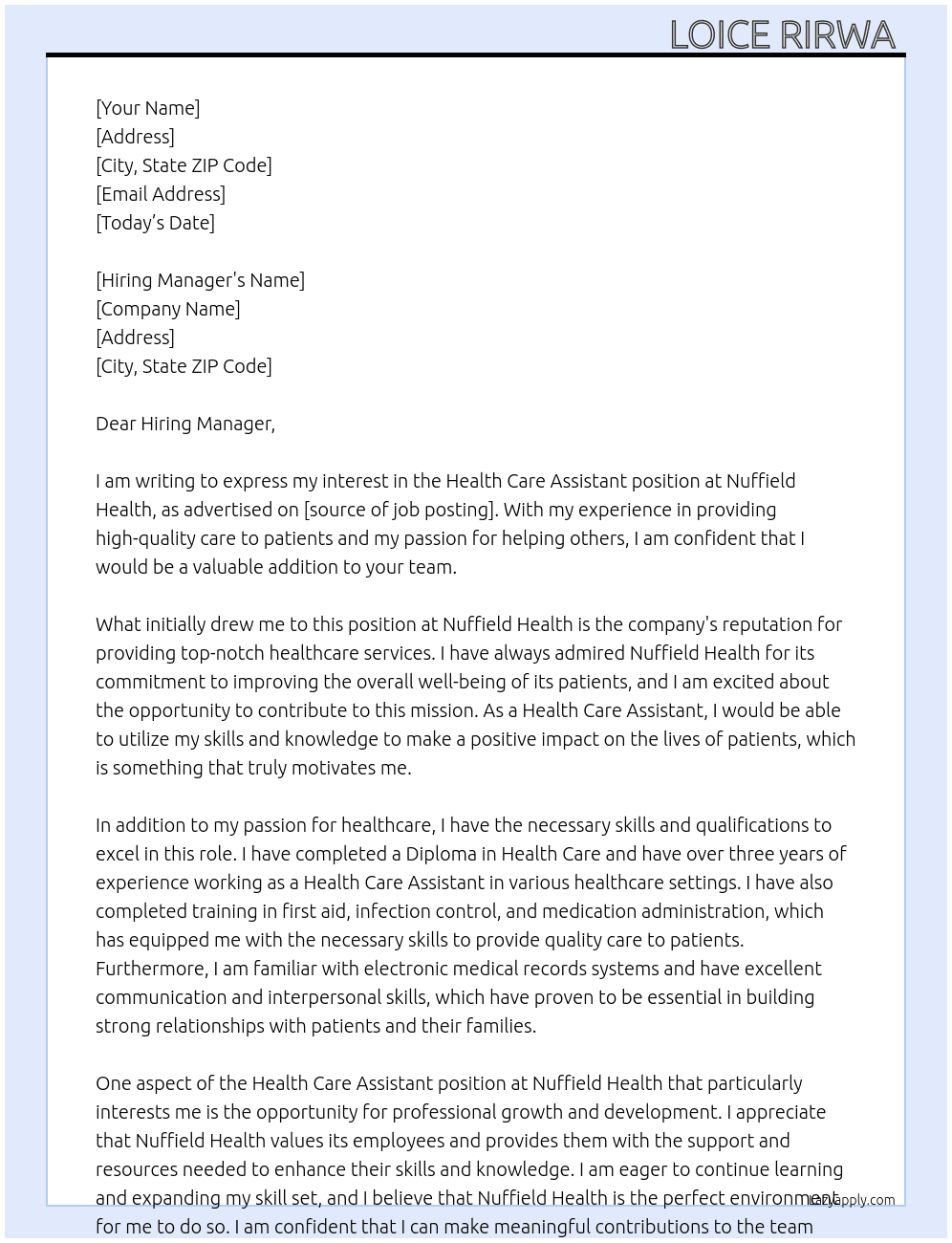Health care assistant  At Nuffield Health  Cover Letter