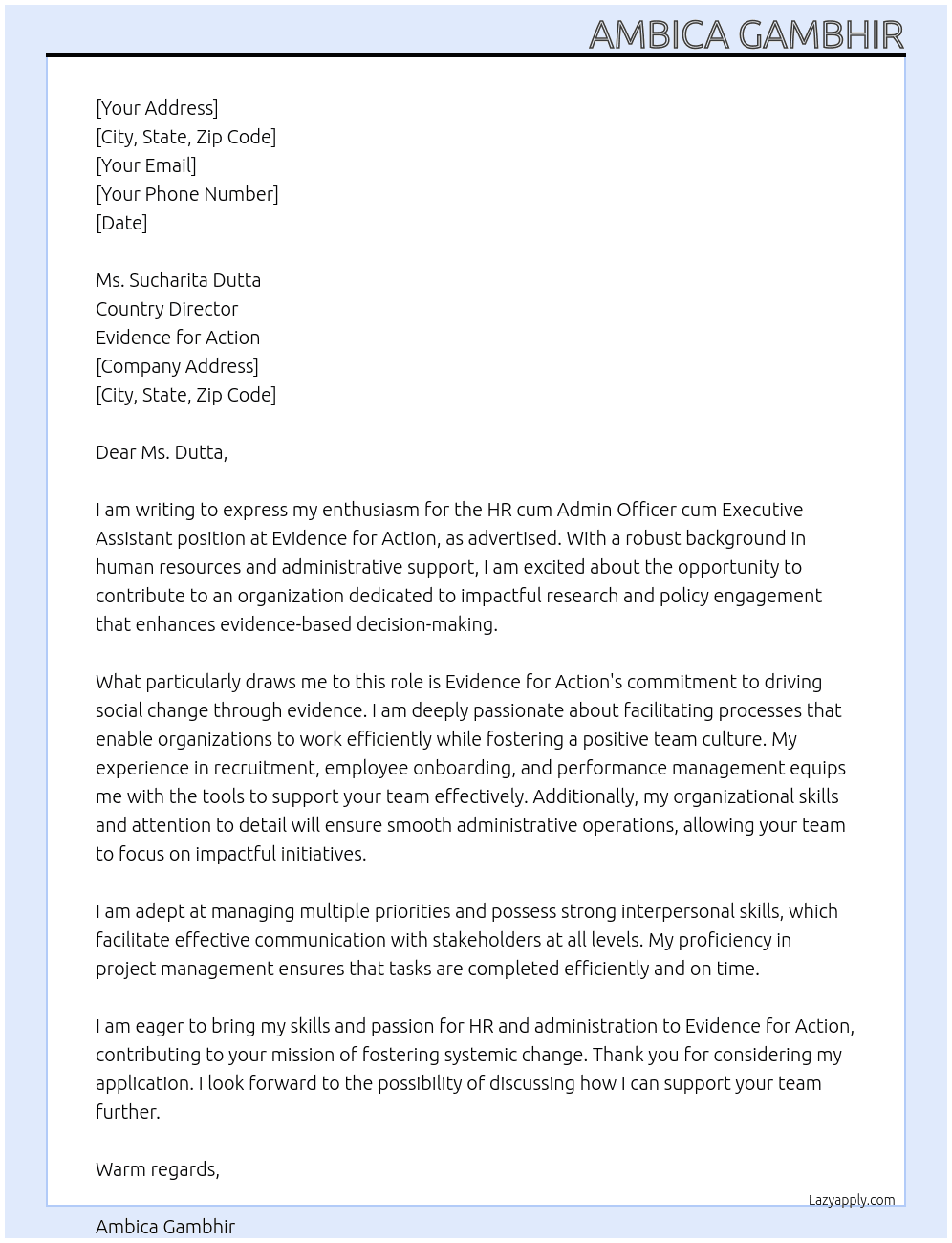 HR cum Admin officer cum Executive Assistant At Evidence for Action Cover Letter