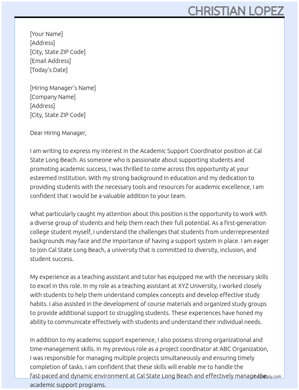 Academic Support Coordinator At Cal State Long Beach Cover Letter
