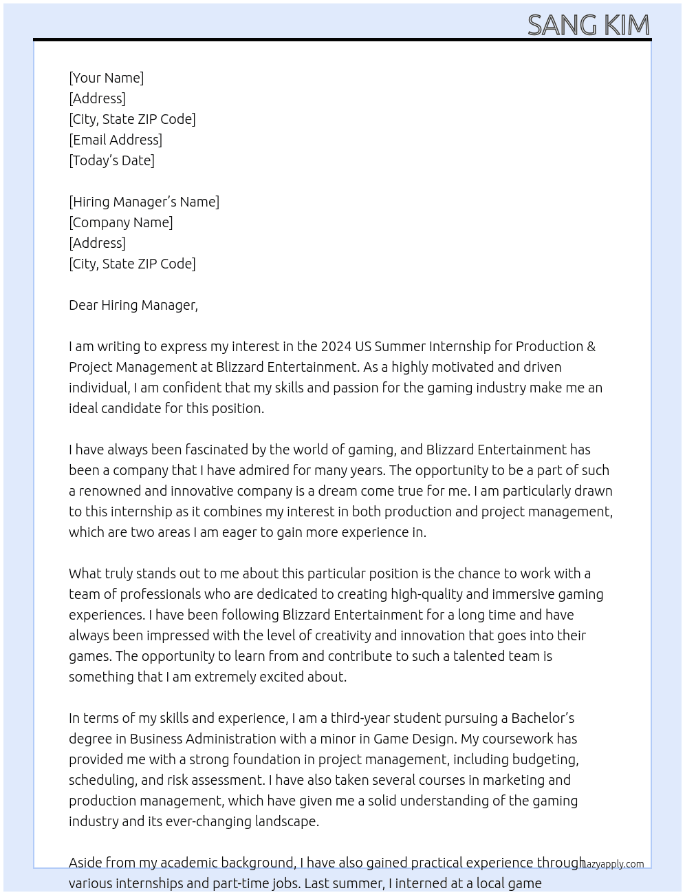 2024 US Summer Internship - Production & Project Management At Blizzard Entertainment Cover Letter