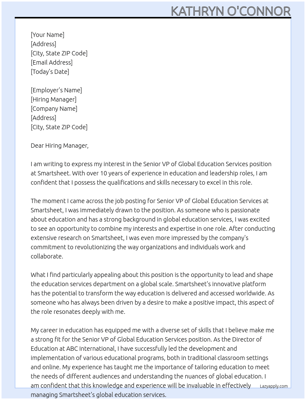 Senior VP of Global Education Services At Smartsheet Cover Letter