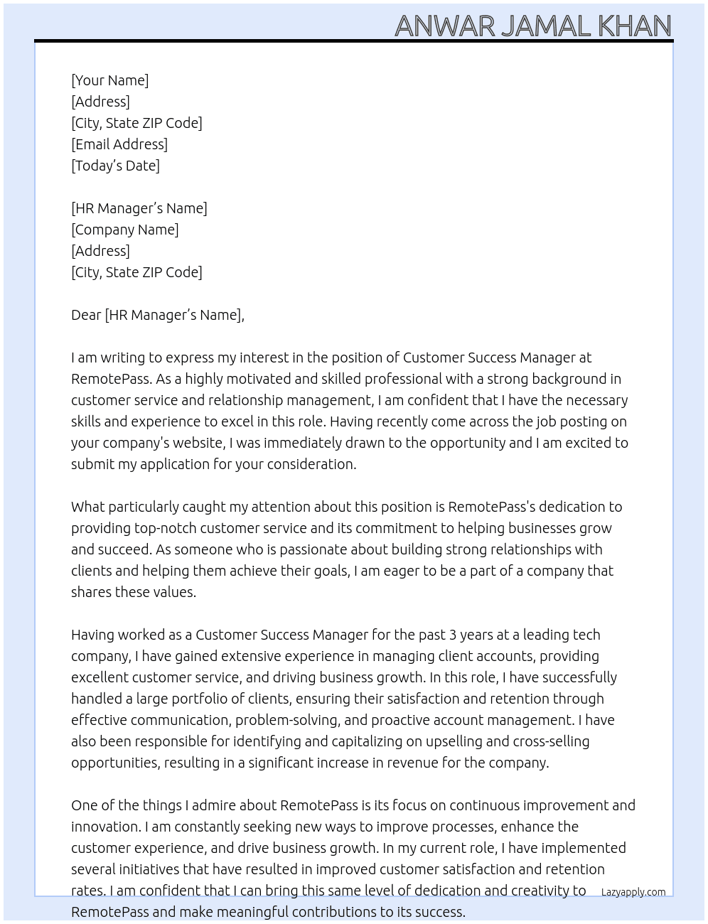 Customer success manager  At RemotePass Cover Letter