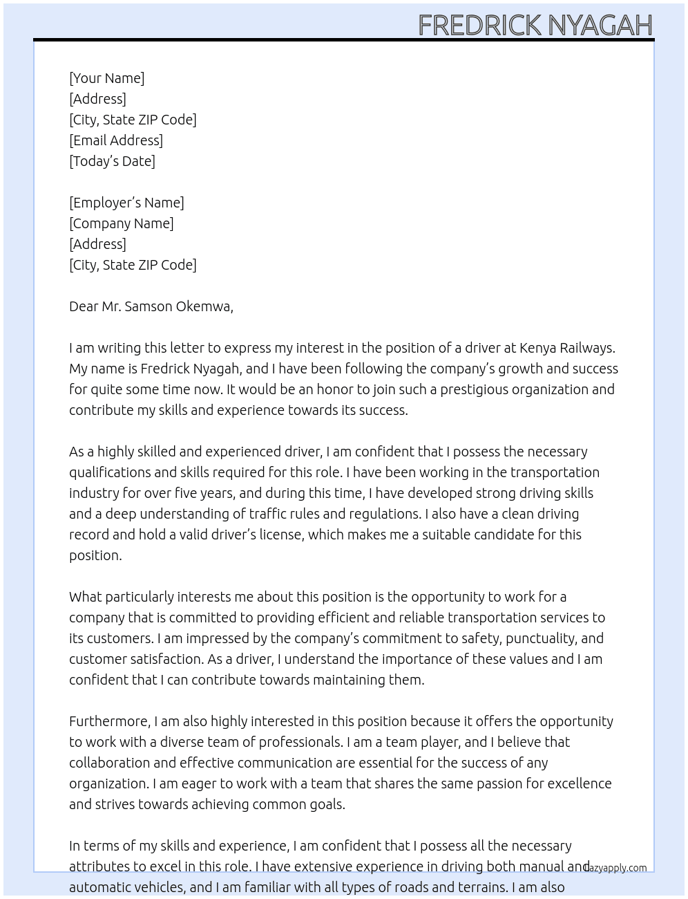 driver At kenya railways Cover Letter