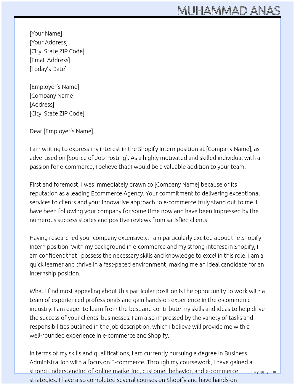 Shopify Intern At Ecommerce Agency Cover Letter