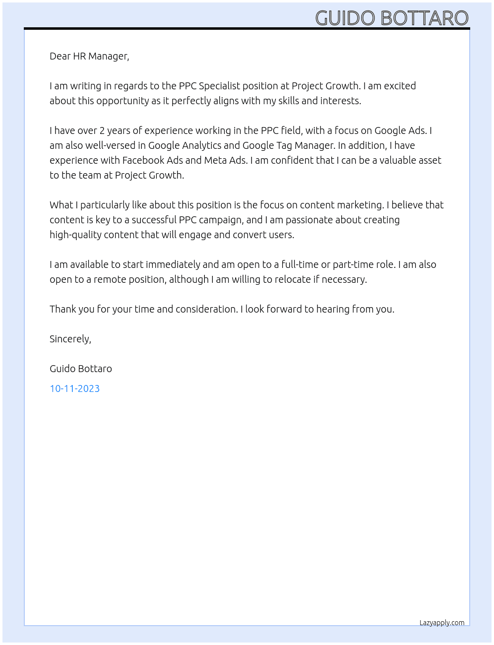 PPC Specialist At Project Growth Cover Letter