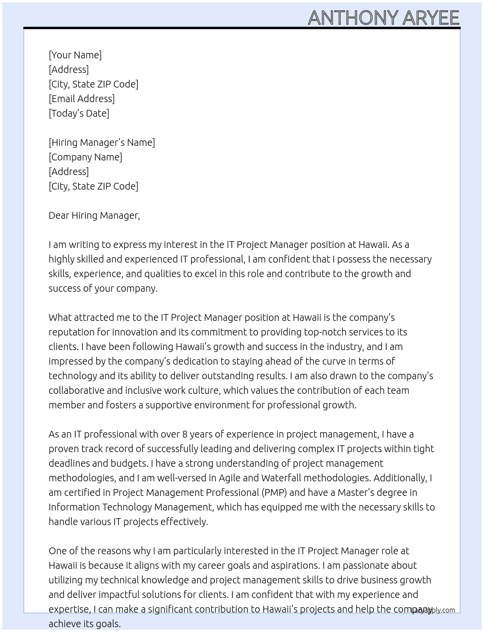 IT project Manager At Hawaii Cover Letter