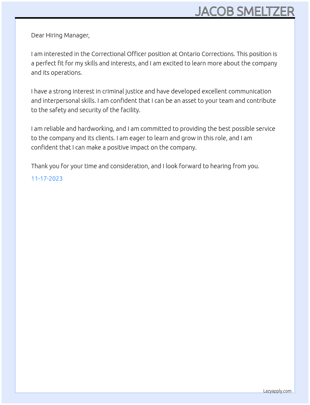 Correctional Officer At Ontario Corrections Cover Letter